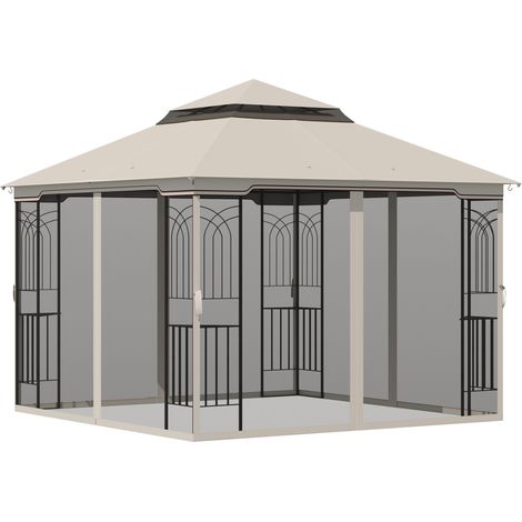 Gazebo de jardin double toit avec 4 parois latérales métal polyester beige 2,99 x 2,99 x 2,74 m