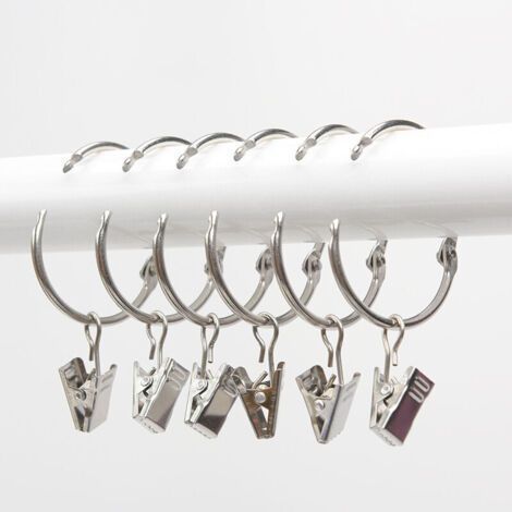 Curtain Rings, 20 Pieces Curtain Ring with Clips, Decorative Metal Drape Clip Hooks Set 40mm Inner Diameter Silver, Rustproof, Easy Open Clamp Rings, 304 Stainless Steel (1/4)