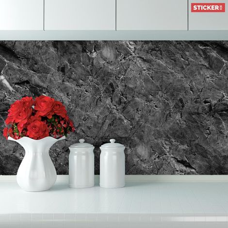 Crédence adhésive roche noire 300 x 60 cm – Imperméable et facile d'entretien – Pour cuisine et salle de bains – Protection contre éclaboussures (1/4)