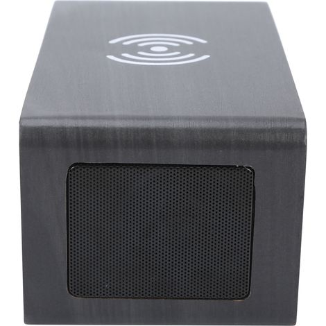 Enceinte Bluetooth rechargeable multifonctionnelle de 2000 mAh avec chargement sans fil pour téléphone, horloge en bois LED, bois noir et lumière verte. (1/5)