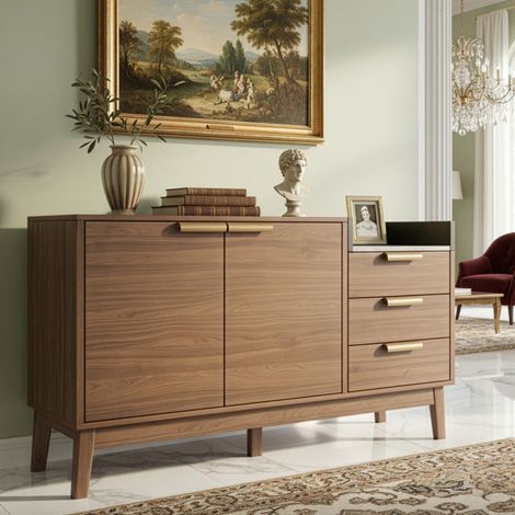 Kommode aus MDF in dunkler Eiche mit Marmor-Optik Platte, 120 x 40 x 77 cm, 3 Schubladen und 2 Türen mit verstellbarem Einlegeboden (1/5)
