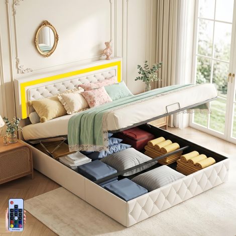 Lit coffre 140x190 cm, lit double avec rangement, avec tête de lit éclairée par LED décorée de diamants, sommier à lattes, design, Beige