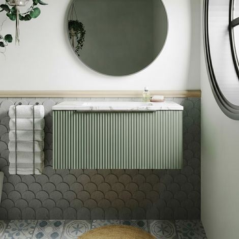 Hudson Reed Fluted Wall Hung 1-Drawer Vanity with Carrera Marble Worktop 800mm Wide - Satin Green (1/4)