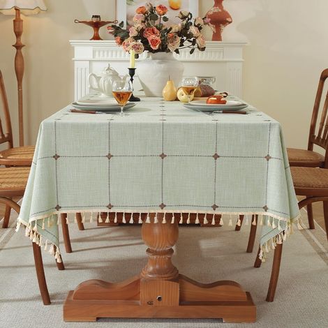 Nappe rectangulaire en coton et lin antitaches, imperméable, avec pompons, style vintage, pour la décoration de la table de cuisine (1/5)