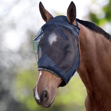 Masque anti-mouches pour chevaux en polaire épaisse et maille fine translucide, standard, noir, taille XL