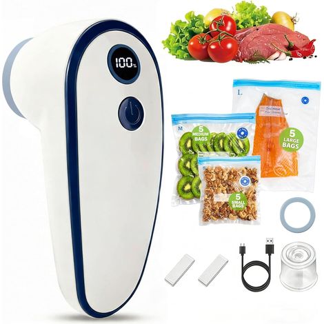 Pompe à Vide Électrique Alimentaire, Inclut 15 Sacs Sous Vide Réutilisables, Mini Machine Sous Vide sans Fil 60 kPa, Compatible avec Sacs et Boîtes, Rechargeable USB-C (1/5)