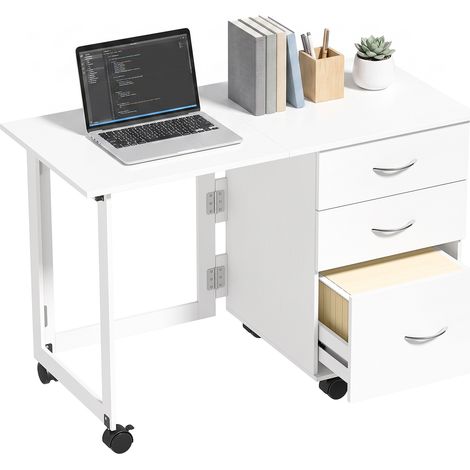 HOMCOM Scrivania Pieghevole con 3 Cassetti, Bianco Effetto Legno (1/5)