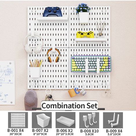 (Lot de 9 panneaux perforés blancs) Étagère murale sans perçage pour salle de jeux, idéale pour ranger manettes, casques, figurines et claviers. Crochets inclus. (1/5)