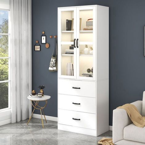 Vitrine 60x40x200cm avec Éclairage LED App - Bibliothèque - 3 Tiroirs, 2 Portes en Verre, Étagères Réglables, Blanc Moderne (1/5)