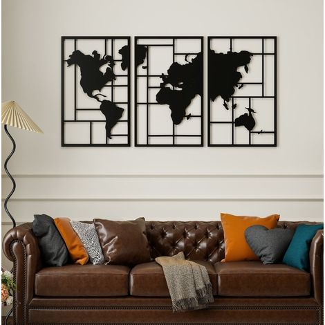 Décoration murale métal 150x1,9x80 cm noire carte du monde, pour salon, gain de place – MEUBLIV (1/5)