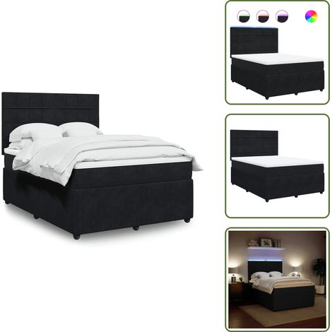 LED-Beleuchtung - vidaXL Boxspringbett mit Matratze Schwarz 140x200 cm Samt - Kopfteil (1/5)