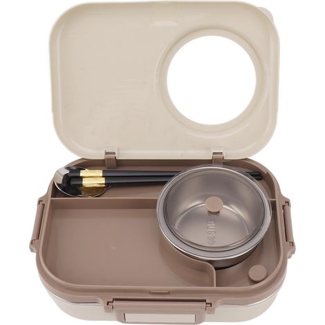 Boîte à lunch inox beige 1100 ml 3 compartiments avec bol à soupe cuillère baguettes étanche portable pour camping pique-nique (1/5)