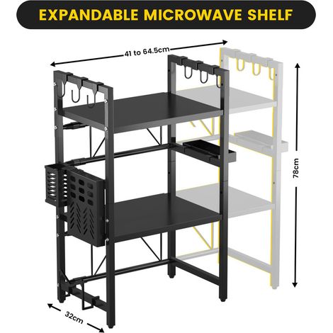 3-Tier Expandable Kitchen Microwave Stand, Countertop Storage Rack for Air Fryer, Toaster, Coffee Machine (1/5)
