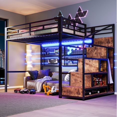 Letto rialzato adulti 140x200 cm con armadio aperto, scala portaoggetti e illuminazione LED, senza materasso, nero (1/5)