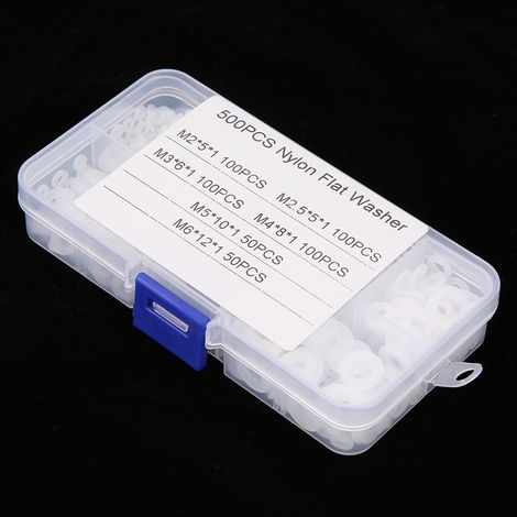 Kit de 500 rondelles plates en nylon M2-M6 avec boîte (blanches) (1/5)