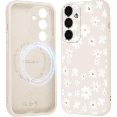 Coque Magnétique pour Samsung Galaxy S24 5G 6,2", Compatible avec MagSafe, Aesthetic Fleurs Motif Etui Dessin Fille Case, Souple Silicone Liquide TPU Antichoc Housse pour Samsung S24, Beige (1/5)