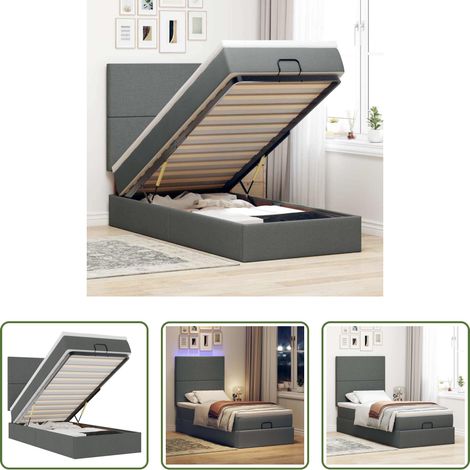 vidaXL LED-Beleuchtung - Ottoman-Bett mit Matratze & LEDs Dunkelgrau 100x200 cm Stoff (1/5)