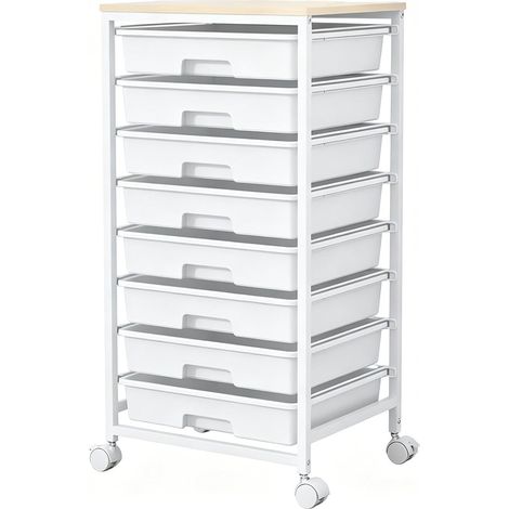 Chariot de Rangement à Roulettes avec 8 Tiroirs, Desserte à Roulettes avec Plateau en Bois, Chariot de Rangement pour Bureau, Cuisine, Salon et Chambre (1/5)