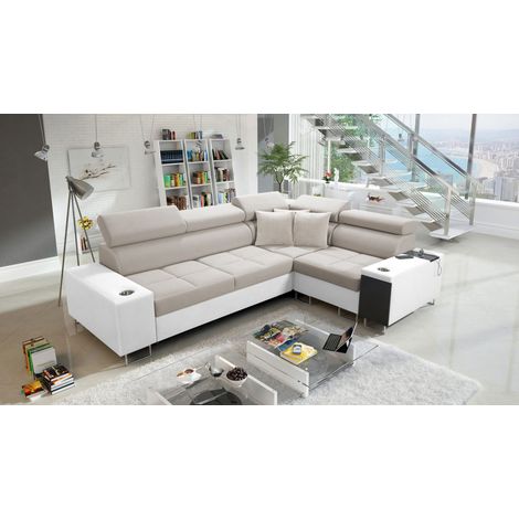 Elegantes Ecksofa mit Konsole und Ladegerät MORENA II Kunstleder/Uttario Velvet Weiß/Beige Rechts (1/5)
