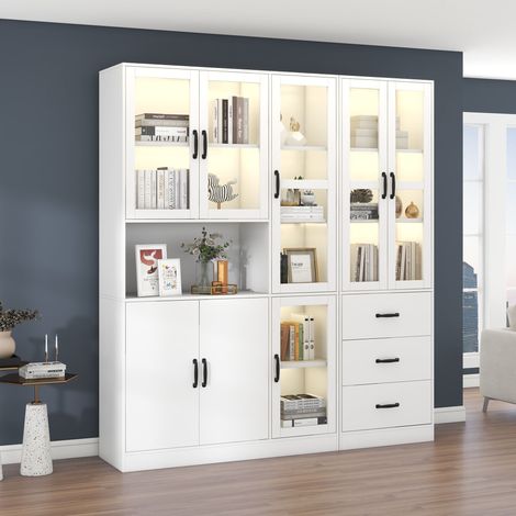 Vitrine 180x40x200 cm en panneaux de particules blanc, LED USB, rangement salon – MEUBLIV (1/5)