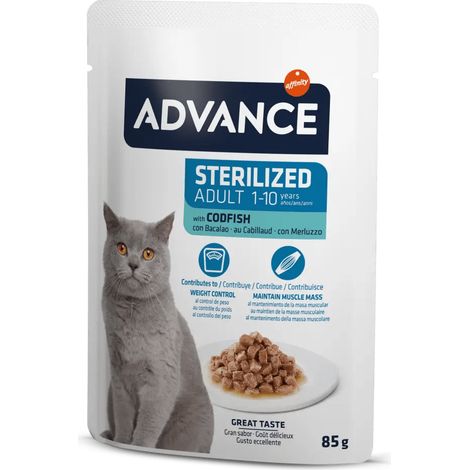 Advance Bocaditos en Salsa para Gatos Esterilizados con Bacalao - Alimento Húmedo para Gatos Esterilizados