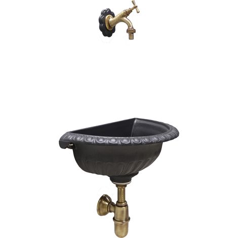 Fontana a muro Liberty per casa giardino da parete esterno balcone grigio ghisa con rubinetto e sifone in ottone : brunito (1/3)