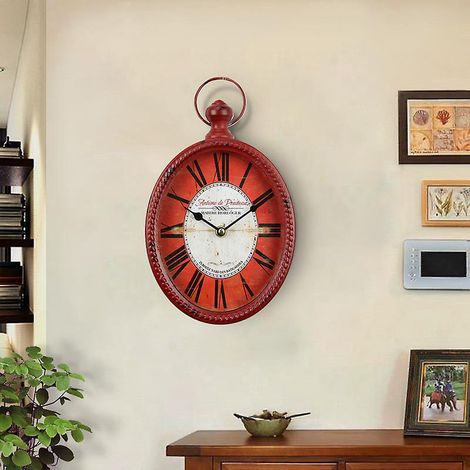 Rote 12-Zoll-Wanduhr im europäischen Retro-Design, ovale Form, altmodische Wanduhr, handwerklich gefertigt, geeignet für öffentliche Bereiche im Wohnzimmer. (1/5)