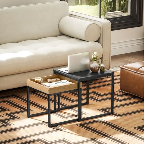 Juego de 2 mesas de centro nido 45x45x45 y 40x40x40 cm negro y roble, MDF metal MEUBLIV (1/5)