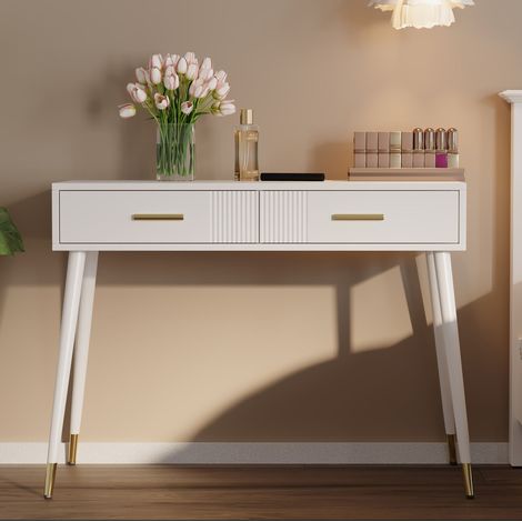 MEUBLIV Tocador 100x40 cm blanco – 2 cajones, patas metálicas, escritorio, sin espejo (1/5)