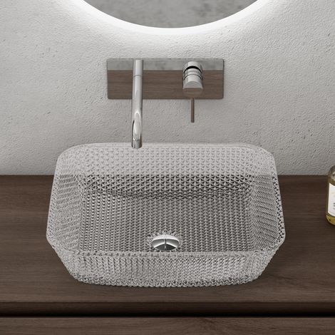 doporro Lavabo da Appoggio in Vetro Temperato Lavandino Bagno Quadrato 40 x 40 x 11 cm Trasparente Lavello Design Artistico con Texture per Cucina WC Ospiti Minerva03 (1/5)