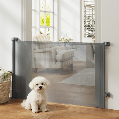 Barrera de Seguridad para Perros Retráctil Extensible hasta 140 cm de Ancho para Escaleras y Puertas Gris