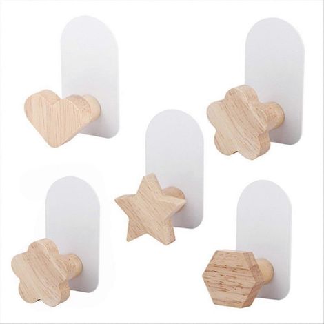 Crochet mural en bois en forme d'étoile et cœur, porte-clés moderne pour manteau, décoration murale pratique, finition naturelle, design scandinave, fixation robuste, idéal pour entrée et couloir. (1/5)