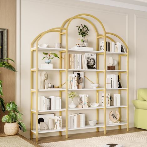 170 x 26 x 190 cm Regal im schlichten Stil, Stahlrohr-MDF-Material, fünf Schichten Stauraum, einzigartige Wolkenform, einfach zu montieren und zu reinigen, Gold + Weiß (1/5)