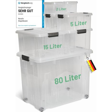 Novaliv Lot de 7 boîtes de rangement avec couvercles, transparentes, 1x80L + 2x 15L + 2x 5L + 2x 2L, emboîtables, empilables, fermeture à clip