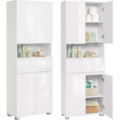 Armoire colonne de salle de bain avec tiroir et étagères réglables 30 x 60 x 170 cm en MDF blanc (1/2)