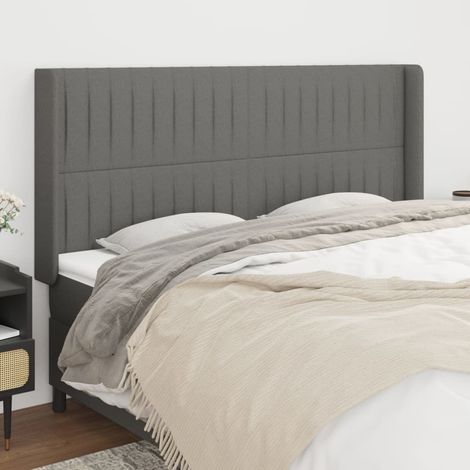 Tête lit de avec oreilles pour lit double, Cadre de lit, Tableau décoratif de chevet Gris foncé 203x16x118/128 cm Tissu CDE72469 (1/5)