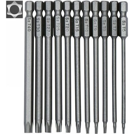 Jeu d'embouts de tournevis longs 11 pièces - embouts magnétiques - tige hexagonale 1/4" - tailles T6 à T40 - longueur 100 mm (1/5)