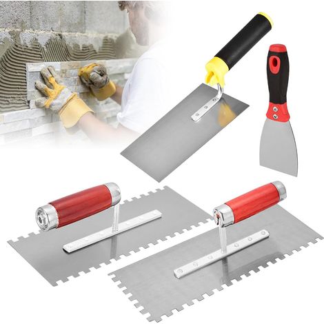 Spatules de maçon en acier inoxydable, 4 pièces truelle crantée, truelle trapézoïdale en acier inoxydable avec poignées en caoutchouc, ensemble de truelles de maçon pour béton, mastic (280 x 110 mm) (1/5)