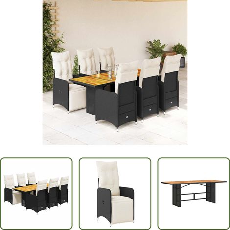 Gartentisch -  7-tlg. Garten-Bistro-Set mit Kissen Schwarz Poly Rattan (1/5)