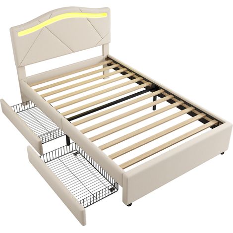 Lit rembourré 90x200cm, lit avec sommier à lattes (sans matelas), avec éclairage LED, avec deux tiroirs, tête de lit réglable, lin, minimaliste, beige (1/5)