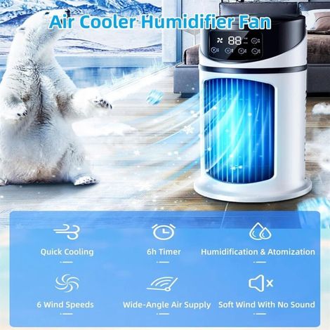 Ventilateur portable, refroidisseur d'air avec 6 vitesses de vent et 3 brumes fraîches, humidificateur silencieux, pour chambre, bureau, etc (1/5)
