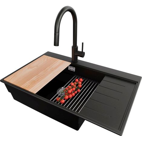 PRIMAGRAN Evier Cuisine en Granit 78x50cm,Lavabo 1 bac + Robinet 40x20cm + Kit de Vidage + Accessoires, Évier à Encastrer au meuble 60cm - Sydney, Noir