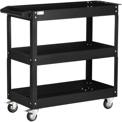 AS EASY Chariot d'atelier en acier à 3 étagères sur roulettes avec poignée - charge max. 150 kg - 83 x 35,3 x 76 cm Noir