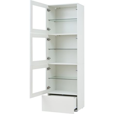 Hohe Vitrine 60 x 40 x 173 cm weiß mit LED, 3 Acryltüren, 1 Schublade, MDF und Glas (1/5)