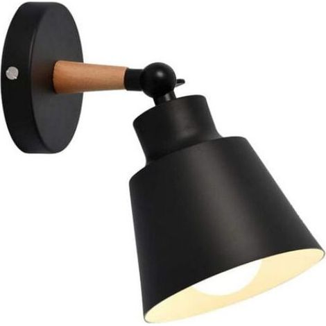 1 applique murale - Couvercle secondaire noir mat avec abat-jour conique en bois (plaque noire) - Sans cordon d'alimentation (1/5)