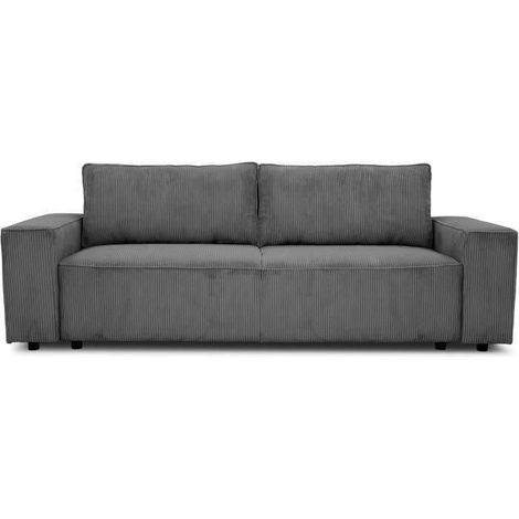 Canapé convertible 3 places JOSH - Velours côtelé Anthracite - Coffre de rangement - L 197 x P 117 x H 65 cm (1/5)