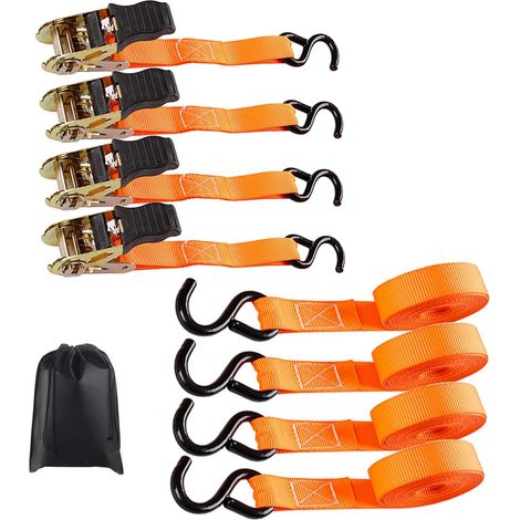 4 x 800 kg Sangle à Cliquet - Kit de 4 Sangles Arrimage à Cliquet, 5m Sangle d'arrimage avec Tendeur à Cliquet Sangle à Cliquet Sangles de Serrage pour Remorque Auto Caravane Vélo Déménagement(Orange) (1/5)