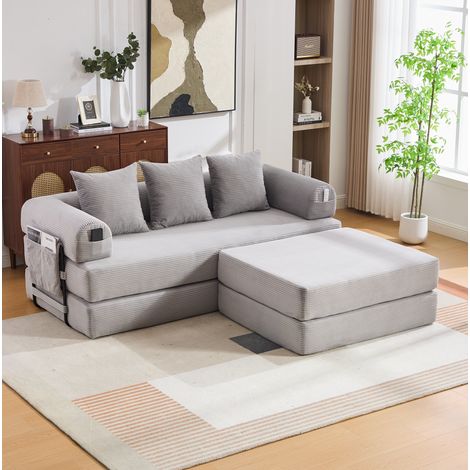 Canapé modulable en velours côtelé gris clair avec repose-pieds, 3 coussins et poche latérale (1/5)