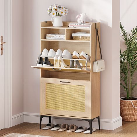 Meuble à Chaussures porte en rotin 60x24x114cm avec 2 Rangements Chaussure 12-15 paires Grande capacité pour Couloir Entrée Bois (1/5)