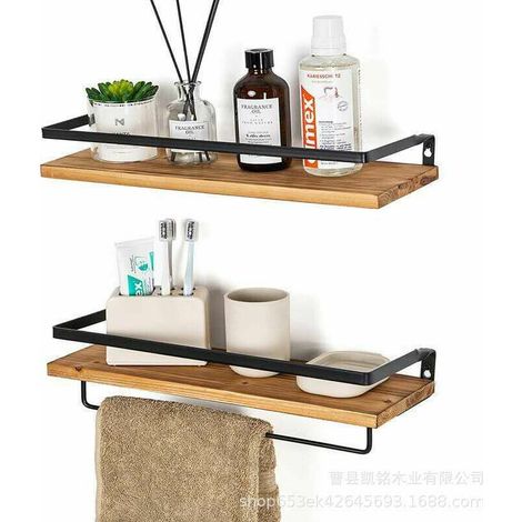 Étagère Flottante Étagère Murale Étagère De Cuisine Bois Véritable Idéal Pour Cuisine Salle De Bain Hall Salon Avec Porte-Serviettes Design Industriel Planche De Bois Décorative 2 Pièces， BLOW (1/5)